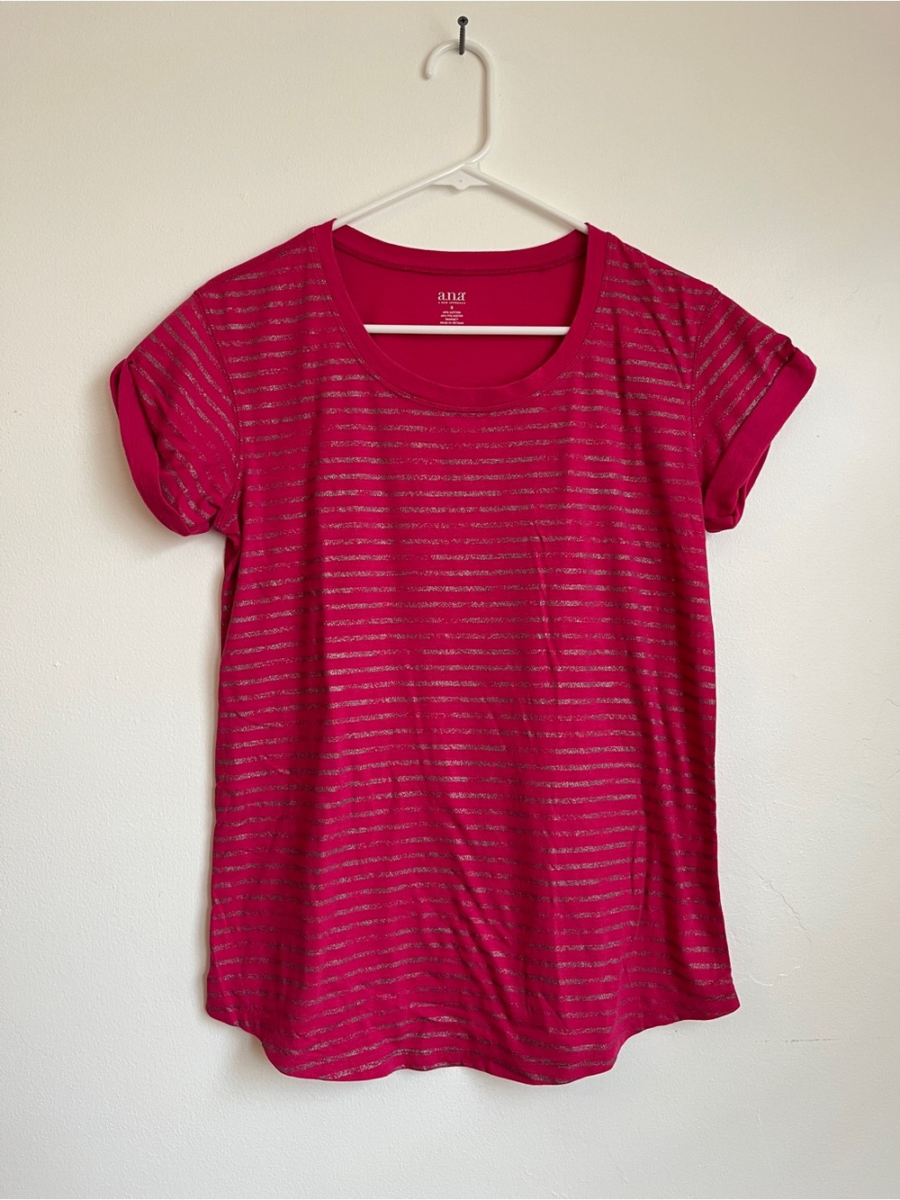 a.n.a Women’s Fuchsia Metallic Stripe Short Sleeve Tee S Size S Cotton Blend